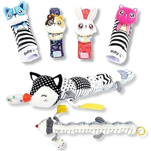 BABY K Baby Rattle Socks & Wrist Toys (Pet Set) and Musical Stuffed Fox Caterpillar Bundle - Newborn Baby Toys for 0-12 Months - Sensory Tummy Time Musical Rattle Toys with Contrast Design