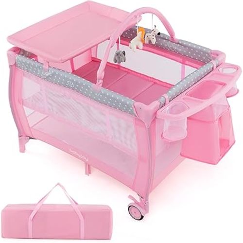 BABY JOY 3 in 1 Portable Pack and Play with Bassinet, Convertible Baby Travel Crib Playard with Changing Table, Brake Wheel, Newborn Napper with Large Capacity Storage Shelf, Oxford Carry Bag