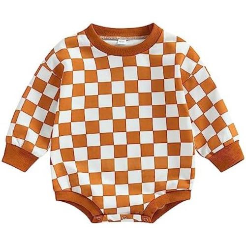 Karuedoo Baby Boy Girl Checkered Sweatshirt Romper Oversized Long Sleeve Bubble Romper Top Neutral Baby Fall Clothes