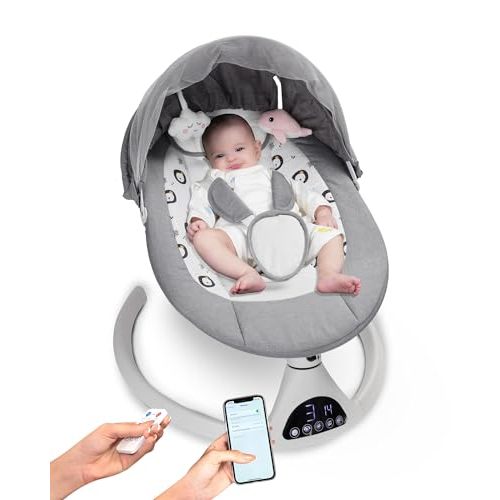 Electric Baby Swing for Infants to Toddler Portable Babies Swing Timing Function 5 Swing Speeds Bluetooth Touch Screen Music Speaker with 10 Preset Lullabies 5-Point Carabiner Gray