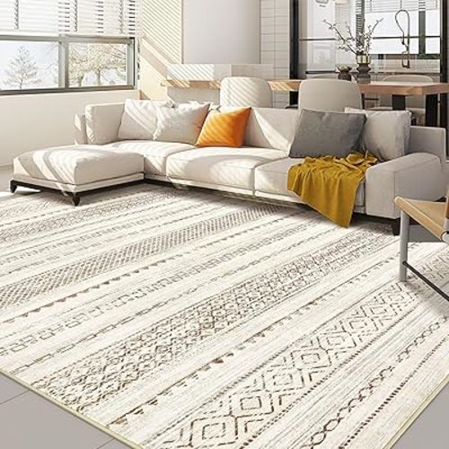 Nakagishi 7x9 Area Rug Living Room: Washable Boho Large Neutral Modern Soft Farmhouse Rugs Stain Resistant Indoor Floor Non-Slip Carpet for Bedroom Nursery Kids Playroom Office Dining Room- Brown