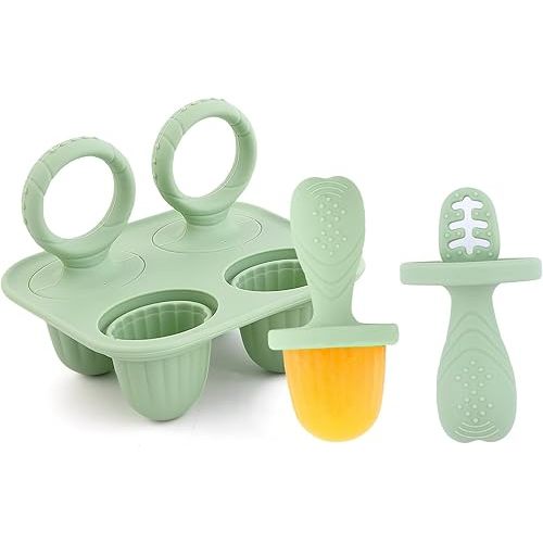 Silicone Popsicle Molds, Mini Breastmilk Popsicle Molds with Sticks, Frozen Breast Milk Teether Popsicle Maker Ice Pop Molds for Infant Feeding Spoon (1Set-Green)