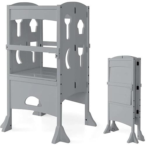 HONEY JOY Kitchen Step Stool for Toddlers, Children Wooden Standing Tower w/Safety Rail, Montessori Foldable Kids Learning Stool for Kitchen Counter(Gray)