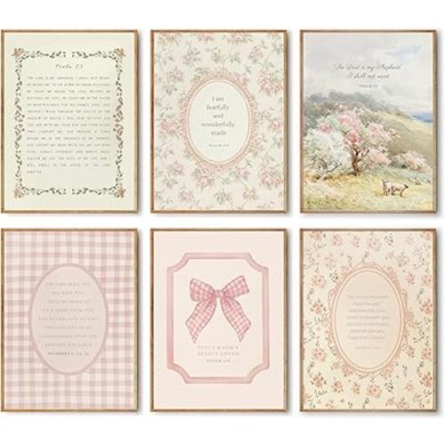 ZARTMYY Christian Nursery Wall Art Bible Verse Wall Decor Prints Jesus Religious Posters Pink Flower Bow Bible Verse Canvas Painting Kids Vintage Christian Boho Prints for Girls Bedroom 6Pcs Unframed