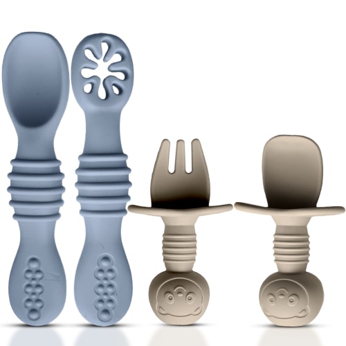HippoBaby 4pc Baby Led Weaning Set, Baby Feeding Utensils, Toddler Cutlery Set, BPA Free Silicone, Dishwasher and Microwave Safe (Gray/Beige)