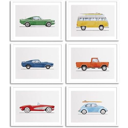 BBQCBA 6Pcs Nursery Car Wall Art Watercolor Retro Transportation Wall Decor Pictures Kids Vehicle Canvas Posters Prints for Boys Room Teens Bedroom Playroom Decorations Unframed