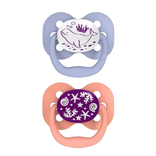 Dr. Brown's Advantage Glow-in-the-Dark Baby Pacifier, Fully Symmetrical Soother with Soft Silicone Bulb, 0-6m, BPA Free, Coral Ocean, 2 Pack (Style May Vary)