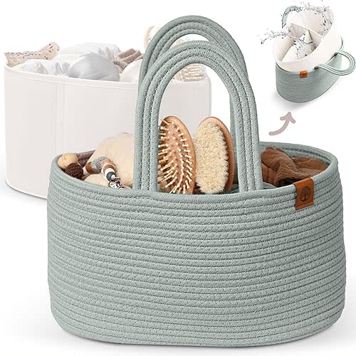 J&JOO 2-in-1 Baby Diaper Caddy Organizer, Water-Resistant Lining Protection, Easy Care, Basket for Changing Table or Dresser, Multi-Use, Newborn Baby Essentials