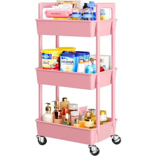 Pipishell 3 Tier Rolling Cart Organizer, Plastic Rolling Cart with Lockable Wheels & Reinforced Handle, Lightweight Utility Cart Storage Cart for Nursery, Kitchen, Bathroom, Craft Room, Pink, PIUC14P
