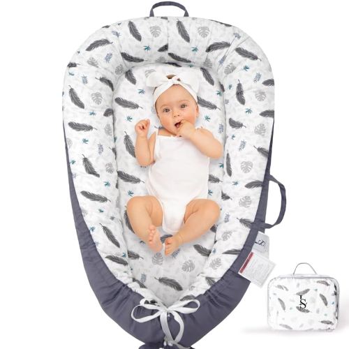 Baby Lounger for Newborn 0-24 Months – Breathable & Soft Baby Nest Cotton Cover – Reversible, Lightweight & Portable Infant Lounger for Girl & Boy - Baby Essentials for Home & Travel
