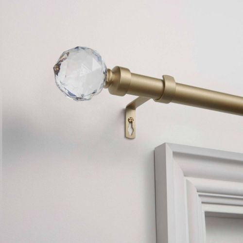 Exclusive Home 36"-72" Crystal Ball Curtain Rod - Gold: Iron, Matte Finish, Single Rod, Faceted Finial, 25 Lb Capacity