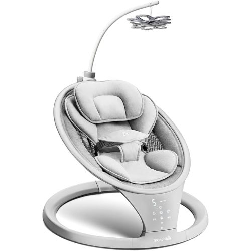 Munchkin Vibration Baby Swing, Light Grey - Bluetooth-Enabled Smart Seat with Music, Motion, & Sounds and Baby Bloom Mobile, Grey