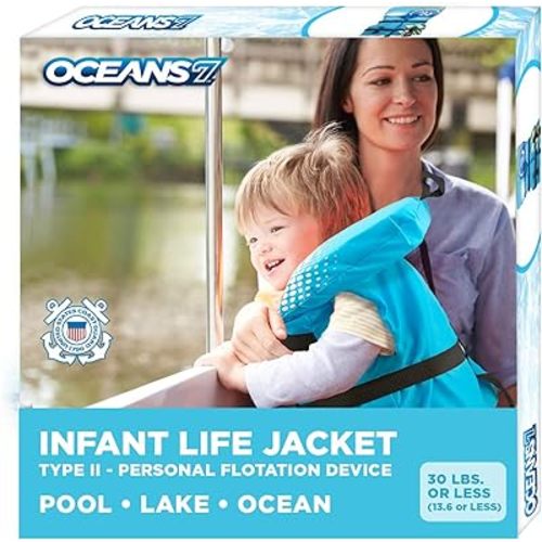 Oceans7 US Coast Guard Approved Infant Life Jacket 8-30 lbs – Type II PFD Flex-Form Chest Personal Flotation Device, Blue/White