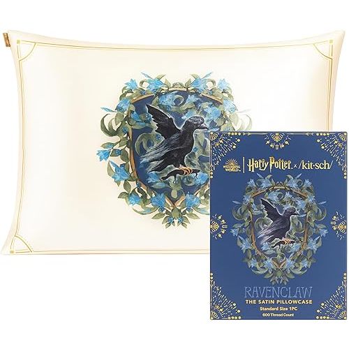 Kitsch x Harry Potter Ravenclaw Satin Pillowcase with Zipper – Double-Sided Crest Design – Better Than Silk Pillowcase – Perfect for Kids Rooms & Toddler Bed Time Pillow Case – Queen/Standard 19x26