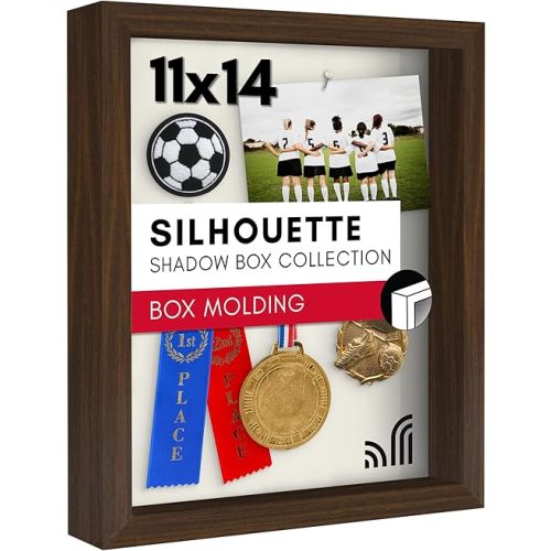 Americanflat 11x14 Shadow Box Frame with Shatter-Resistant Glass - Silhouette Collection - Large Shadow Box Display Case for Tabletop and Wall Display - Walnut with Soft Felt Back