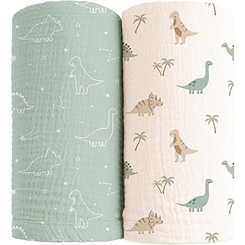 Konssy Muslin Swaddle Blankets for Girls Boys, 2 Pack Receiving Baby Blanket Large 47 x 47 inches, Soft Breathable Swaddling Wrap for Unisex Newborn (Dino Jungle,Sage Dino)