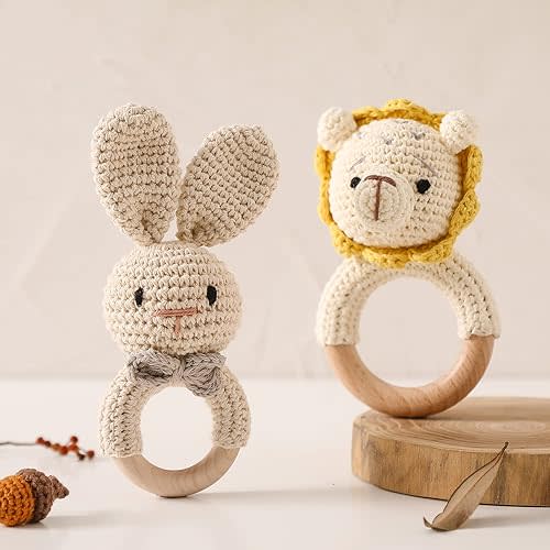 Wooden Baby Rattle Crochet Bunny and Lion Baby Toys Handmade Newborn Toy Early Development Grips Stuffed Animal Organic Rattle (Bunny and Lion Set)