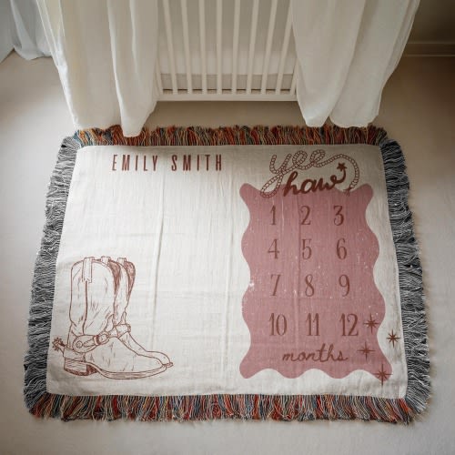 Personalized Cowgirl Woven Milestone Blanket, Western Monthly Blanket, Monthly blanket with western design, Newborn Name Woven Throw Blanket