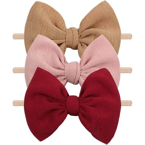 YanJie Baby Girls Nylon Headbands Newborn Bows Handmade Hair Bows Hairbands Hair Accessories for Newborn Infant Toddlers Kids(Red Pink Brown)
