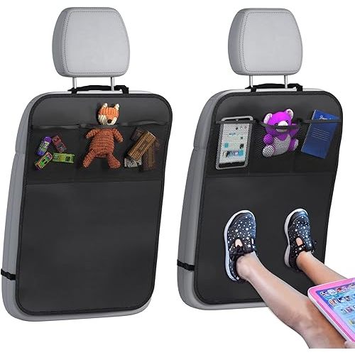 lebogner Back Seat Cover For Kids + 3 Pocket Storage Organizer, 2 Pack X-Large Waterproof Kick Mats Backseat Protector, Car Seat Back Protectors For Vehicles To Protect From Dirt, Mud & Scratches