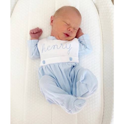 Baby boy coming home outfit, Monogrammed footie romper, Personalized Baby gift, sleeper, newborn pictures, blue tiny stripe bib front footie