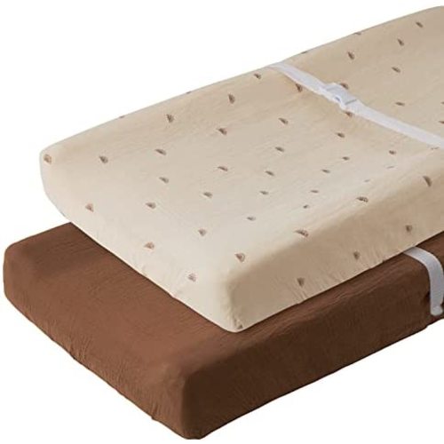 Muslin Changing Pad Cover for Baby Girls Boys,100% Cotton Natural Comfort Diaper Change Table Pad Covers, Ultra Soft Breathable Boho Changing Pad Sheets, 2Pack (Sunshine & Brown)
