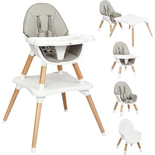 BABY JOY 5 in 1 High Chair, Convertible High Chairs for Babies and Toddlers/Booster Seat/Table and Chair Set, Infant Wooden Highchair w/ 5-Point Harness, 4-Position Removable Tray & PU Cushion, Gray