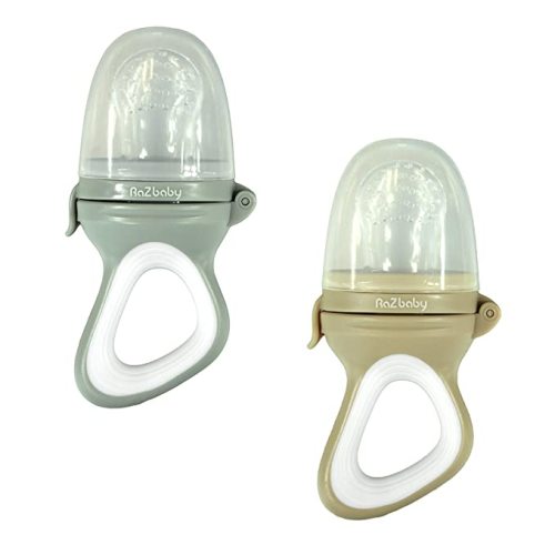 RaZbaby Baby Solids/Frozen Fruit Feeder Pacifier, Infant Teether Toy 6M+, BPA-Free Silicone Pouch & Nipple, Safely Introduce Solids, Teething Relief, Dishwasher Safe, Freezable, 2-Pack – Grey & Tan - Gray / Tan