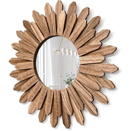 Honiway Mirror Wall Decor 21 inch Rustic Wood Boho Aesthetic Mirror for Room & Home Decor Farmhouse Wall Decor at Living Room Bedroom Carbonized Black