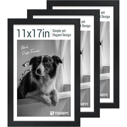 11x17 Picture Frame 3 Pack - Black Woodgrain, Solid Wood & HD Tempered Glass, Wall Gallery Poster Frame