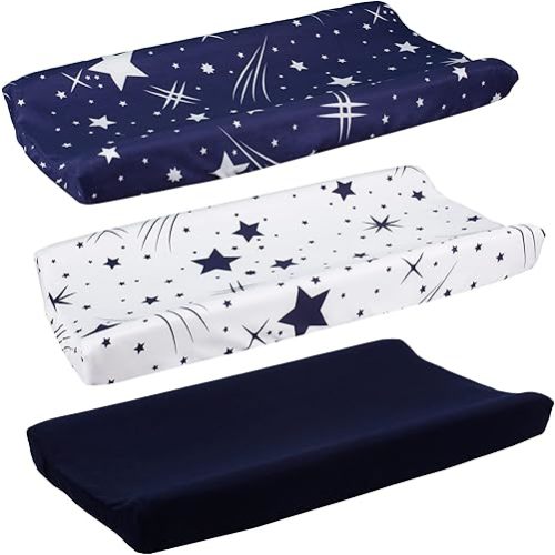 Belsden 3-Pack Microfiber Soft Changing Pad Covers, with 2 Considerate Safety Belt Holes, Durable Diaper Change Table Sheet Set for Baby Boys Girls, 16''x32''x8'', White Star & Navy & Navy Star