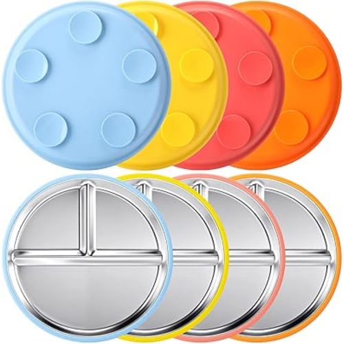Honeydak 4 Pcs Stainless Steel Baby Plate with Silicone Suction, 9" Divided Toddler Plates with Removable Silicone Sleeves for Kids, Non-toxic Non-slip Unbreakable Dishwasher Safe Dinnerware(Bright)