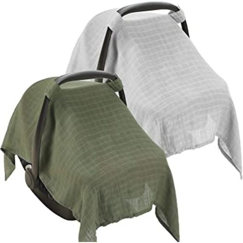 2 Pieces Muslin Carseat Cover Muslin Baby Car Seat Canopy Breathable Soft Car Seat Covers for Babies Boys Girls Infant Newborn (Grey, Green)