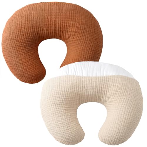 Pro Goleem Muslin Nursing Pillow Cover, 100% Cotton Soft Breathable Feeding Pillow Slipcover for Breastfeeding Moms, Fits Standard Infant Nursing Pillow, for Boys and Girls, 2 Pack (Brown&Beige)