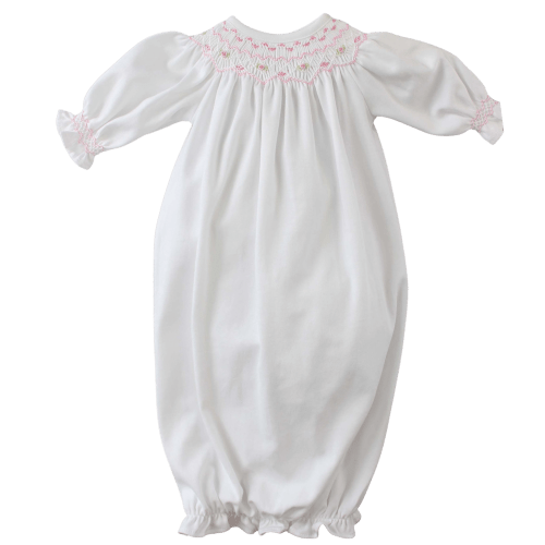 Baby Girls Smocked Take Home Gown White Pink Pima Cotton