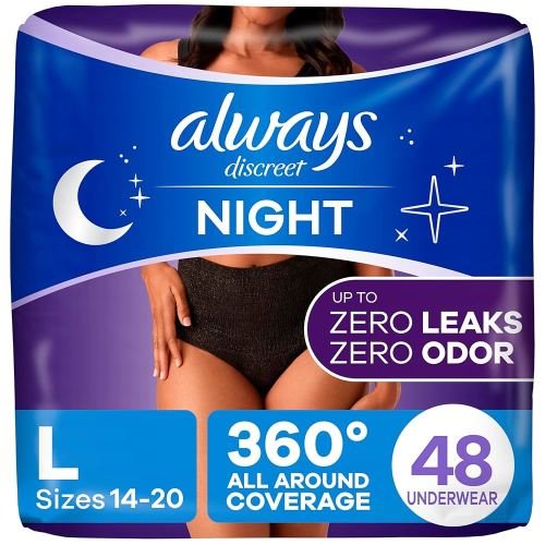 Always Discreet Overnight Adult Incontinence & Postpartum Bladder Leak Underwear for Women, Disposable, Large, 48 Count (3 Packs of 16)