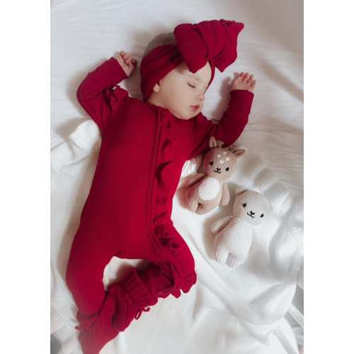 Christmas Romper with Frills for Baby Girls- Zipper Holiday Pajamas, Cute Red First Christmas Outfit, Christmas Clothes, Cozy Winter Romper