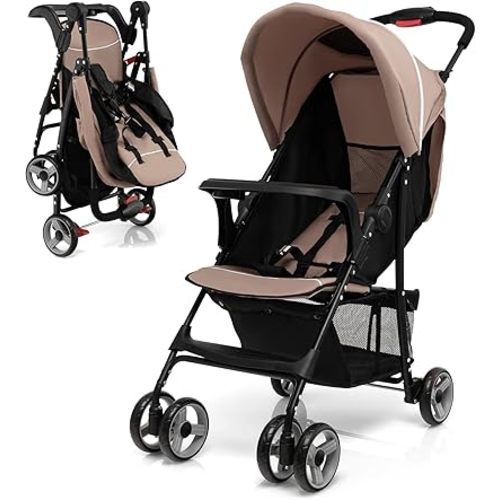 HONEY JOY Travel Stroller, Quick Fold Lightweight Baby Umbrella Stroller for Airplane, Adjustable Canopy & Backrest, Storage Basket, Removable Meal Tray, Compact Stroller Newborn and Toddler(Coffee)