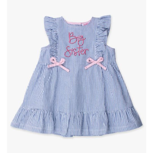 Hot Pink Big Sister Embroidered Classic Blue Seersucker Sleeveless Pinafore Bow Dress