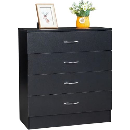 Karl home Black 4 Drawer Dresser for Bedroom, Modern Nightstand Storage Chest of Drawer, Wooden Side Table End Table, Living Room, Reception Room