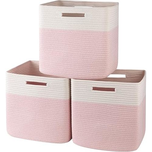 OIAHOMY 13 Kallax Inch Cube Storage Bins, 3-Pack Cotton Rope Woven Baskets for Organizing, Kallax Insert Storage Baskets for Shelves, Baby Nursery, Closet Organizer, 13*13*12.6IN, Pink & White