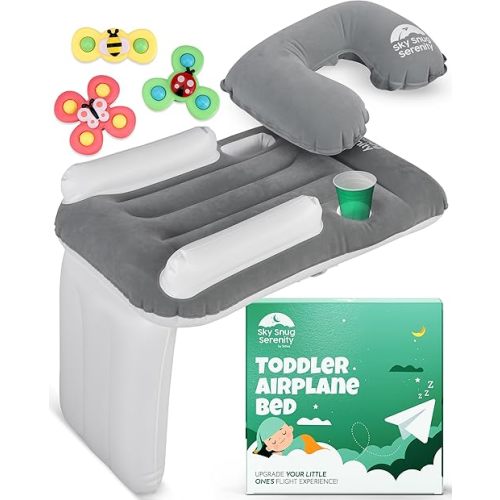Toddler Airplane Bed - Inflatable Airplane Bed for Kids - Fits All Seats, with Cup Holder - Comfortable and Durable - Easy to Inflate Deflate and Clean (Matress + Pillow + Bug Spinners, 1, Count)