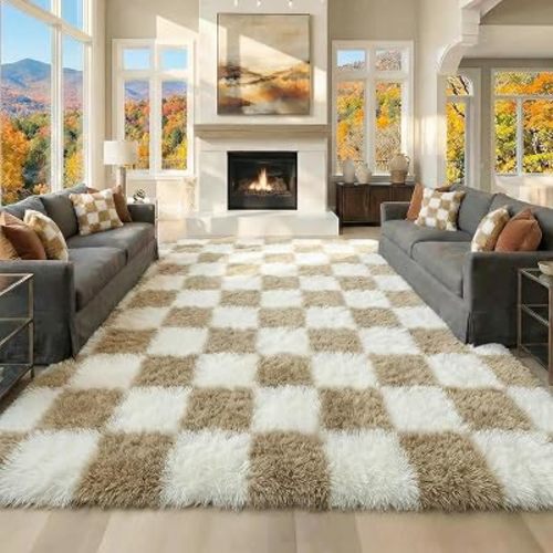 KICMOR Area Rugs 8x10 for Living Room, Large Fluffy Beige and Cream White Checkered Rug Big Fuzzy Shag Shaggy Carpets for Bedroom, Soft Plush Furry Rug for Boy Girls Room Dorm Home Decor Aesthetic