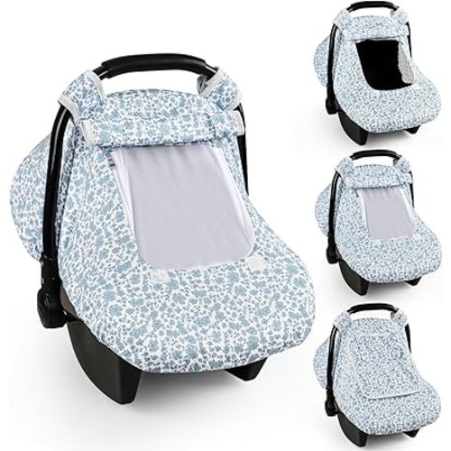 Baby Car Seat Cover Winter, Windproof Carseat Covers for Newborn with 2 Layers Window, Blue Flowers Infant Car Seat Canopy for Girls with Minky Dot Backing, Keeps Babies Warm and Cozy