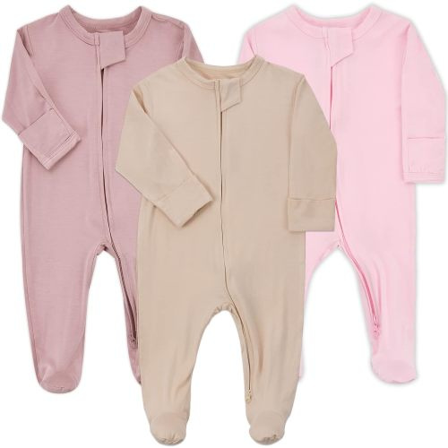 Aablexema Baby Zipper Pajamas Bamboo Rayon, 3pcs Unisex Infant Onesies with Mitten Long Sleeve Footed Pjs - Beige & Pink & Purple - 0-3 Months