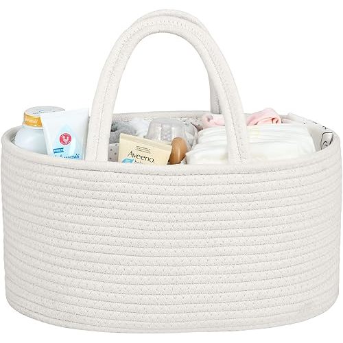 Baby Diaper Caddy Organizer for Girl Boy or Car-Rope Diaper Caddy Basket for Changing Table - Portable Tote caddy bag- Baby Organizer-Baby Shower Gifts Newborn Registry Must Haves White