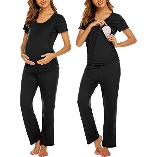 Ekouaer Women's Maternity Nursing Pajamas Set Breastfeeding Sleepwear Double Layer Short Sleeve Top & Pants Pregnancy PJS
