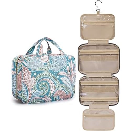 BAGSMART Toiletry Bag Travel Bag with Hanging Hook, Water-resistant Makeup Cosmetic Bag Travel Organizer for Accessories, Shampoo, Full Sized Container, Toiletries (Green Paisley, Large)