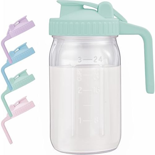 Breast Milk Pitcher with Leak Proof Flip Cap & Pour Spout, 32 oz Wide Mouth Mason Jars for Breast Milk Storage Container, Glass Picther with Lid for Cold Brew Coffee, Sun Tea, Juices, Green