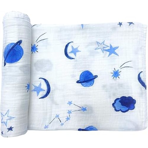 Margaux & May Muslin Swaddle Blanket, Receiving Blanket for Baby Boys and Girls, Space Print, 70% Viscose from Bamboo and 30% Organic Cotton, Large Baby Nursery Blanket, 47 x 47 Inches